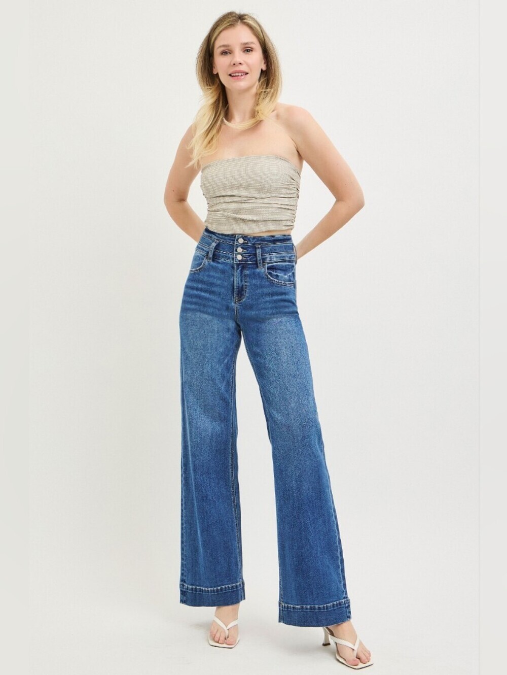 RISEN HR Dark Wash Wide Leg Jeans Trouser Three Button Stacked Waist Various NEW